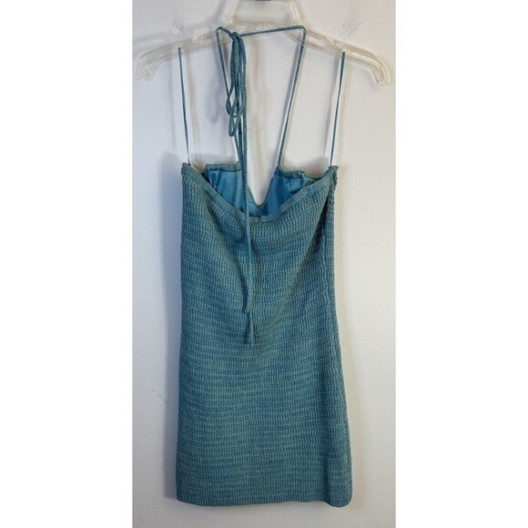 OLIVE + OAK Turquoise Crochet Mini Dress Women Large Halter Sweater Lined Casual - Picture 3 of 12